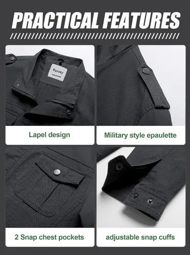 Vista 5 de Pursky Chaqueta militar para hombre, abrigo de lona con capucha de algodón lavado, abrigo de otoño