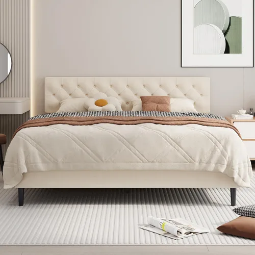 Vista 17 de BarnFurin Marco de cama tamaño completo con cabecero, cama de plataforma tapizada con cabecera acolchada con botones ajustables, marco de cama