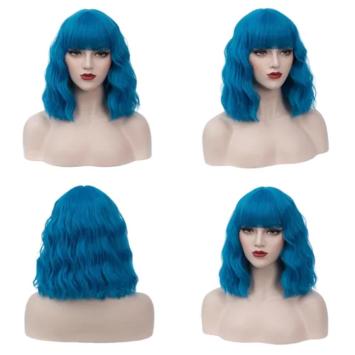 Vista 3 de Cying Lin Peluca corta ondulada y rizada con flequillo azul para mujer, peluca para cosplay, Halloween, resistente al calor, peluca de fiesta