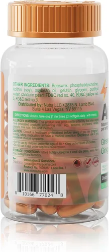 Vista 8 de Panax - Extracto de ginseng de 200 mg y complejo de ginkgo biloba de 80 mg, 60 cápsulas blandas, fórmula energética y concentración, suplemento