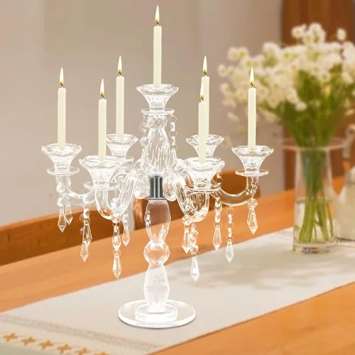 Vista 4 de Candelabros de cristal de 7 brazos, modernos centros de mesa transparentes para mesas, portavelas vintage para el hogar, centros de mesa, bodas
