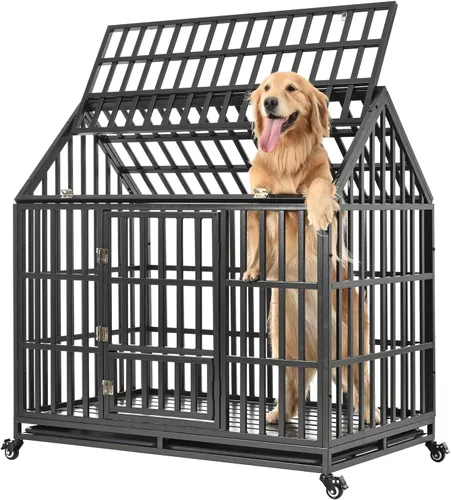 Vista 2 de Jaula grande para perros, jaula de hierro galvanizado resistente de 47 pulgadas para perros, muebles con puerta delantera, puerta superior y 4
