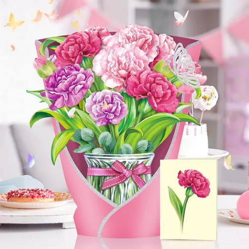 Vista 3 de Airpark - Tarjeta desplegable de flores 3D, tarjeta de felicitación – Claveles rosas – Para mamá, abuela – Ideal para el Día de la Madre