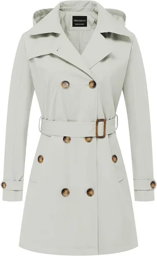 Vista 23 de CREATMO US Gabardina para mujer con doble botonadura clásica con solapa, con cinturón y capucha desmontable Albaricoque