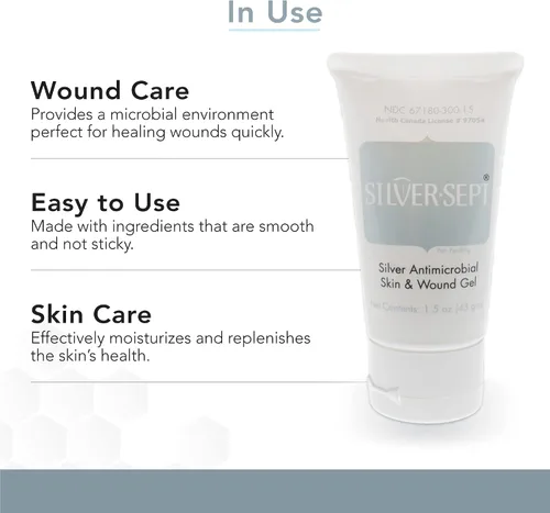 Vista 3 de Silver-Sept -Gel plateado para piel y herida de 1.5 oz, tubo para tratamiento de úlceras de pies y piernas, cuidado de quemaduras de 1er y 2º grado