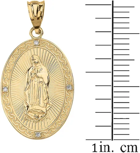 Vista 2 de 10k Yellow Gold Our Lady Of Guadalupe Miraculous Oval Medal Diamond Necklace Small - Choice of Length