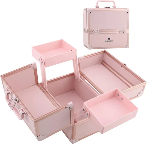 Vista 9 de Estuche de Maquillaje 2 Bandejas Caja Organizadora de Maquillaje Estuche de Maquillaje de Viaje Portátil con Cerradura Organizador de Almacenamiento