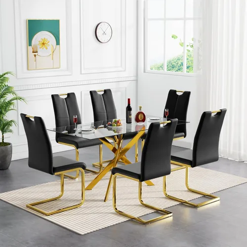 Vista 22 de SSLine Mesa de comedor moderna de cristal, rectangular de 51 pulgadas, color negro con patas de metal diseñadas en X para cocina y comedor