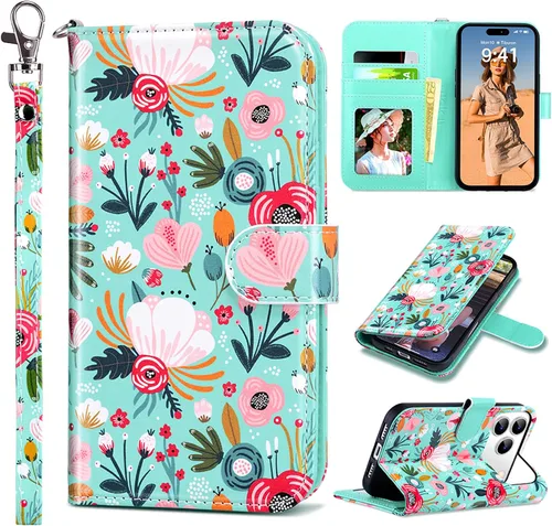 Vista 16 de ULAK Funda tipo billetera compatible con iPhone 15 para mujeres, funda tipo cartera con estampado floral de piel PU premium con porta tarjetas