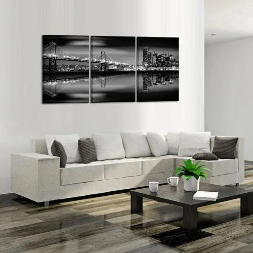 Vista 3 de KREATIVE ARTS - Bahía de San Francisco por la noche en puente blanco y negro, 3 paneles de arte de paisaje moderno, impresiones sobre lienzo, arte