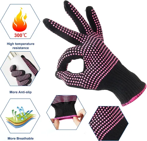 Vista 4 de Guantes térmicos para peinar el cabello, 2 guantes resistentes al calor con golpes de silicona