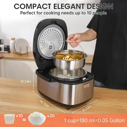 Vista 3 de Olla arrocera de 10 tazas sin cocer / 20 tazas cocidas, calefacción por inducción y tecnología de lógica difusa, olla arrocera eléctrica inteligente