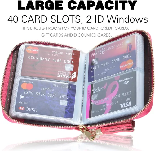 Vista 3 de Easyoulife Billetera Tarjetero de Tarjetas de Crédito para Mujer con Cremallera de Cuero y Bloqueo RFID, Rosa, medio