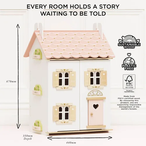 Vista 6 de Le Toy Van – Casa de muñecas de madera en forma de corazón de rosa Juego de casa de muñecas de madera de 3 plantas para niñas y niños - Adecuado