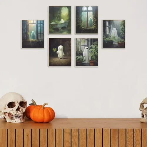 Vista 6 de Dizfen 6 piezas de lienzo divertido de fantasma, arte de pared, póster vintage de Halloween, lindo fantasma, pintura de fantasma, imágenes