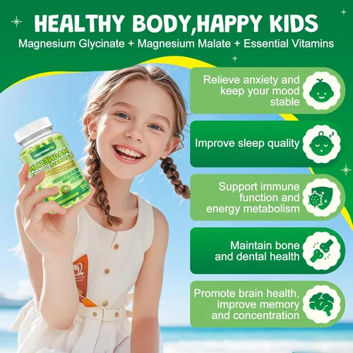Vista 5 de Gomitas de glicinato de magnesio para niños y adultos, malato de magnesio sin azúcar con L-teanina, omega-3, vitamina D3, B6, B12, C - sueño, calma