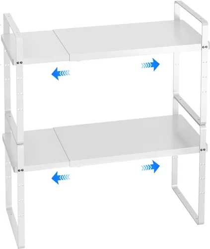 Vista 11 de Organizador de estante expandible para gabinete, almacenamiento apilable para mostrador de despensa de cocina, soporte ajustable para armario, Negro