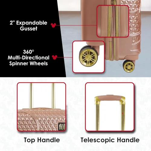 Vista 5 de FUL Disney Mickey Mouse - Maleta rígida con ruedas giratorias, Oro Rosa, Disney Mickey Mouse - Maleta de mano de 21 pulgadas, maleta rígida