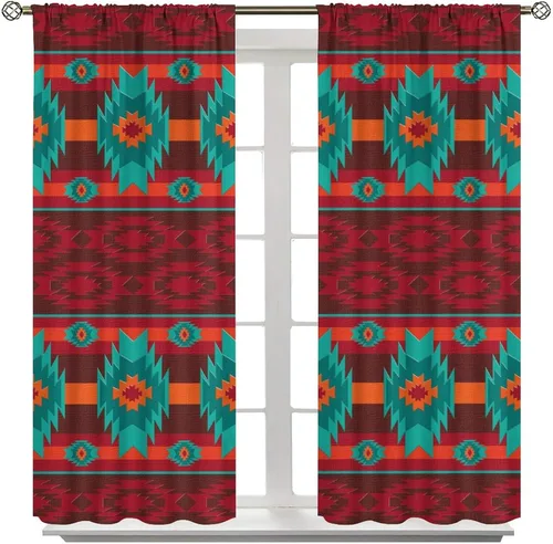 Vista 325 de Cortinas con patrón geométrico tribal, estilo suroeste, azteca, rústico, occidental, nativo americano, opacas, con bolsillo para barra, decoración