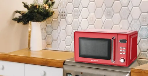 Vista 5 de Emerson MWR7020RD Horno Microondas Compacto Retro de Encimera con Control de Botones, Pantalla LED, 700W 5 Niveles de Potencia, 8 Menús Automáticos