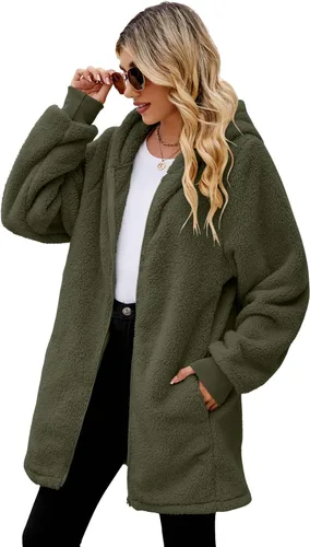 Vista 3 de ReachMe - Chaqueta tipo sudadera con capucha para mujer, de vellón, con cierre y bolsillos, larga, de gran tamaño, mullida y cálida