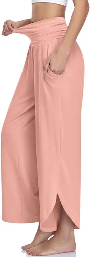 Vista 2 de UEU Pantalones de yoga de pierna ancha para mujer, de cintura alta, cómodos, holgados, casuales, suaves, con bolsillos