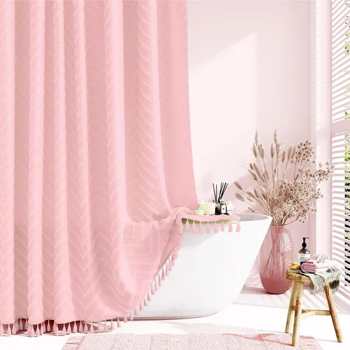 Vista 13 de Dynamene - Cortina de ducha de tela bohemia con rayas con chebrón en relieve, juego de cortina angosta para baño, media cortina impermeable de A.