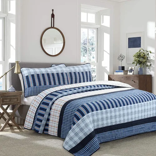 Vista 10 de Cozy Line Home Fashions - Juego de ropa de cama acolchada reversible de 100% algodón, con rayas azul marino y rojo, para niño, colcha, colcha