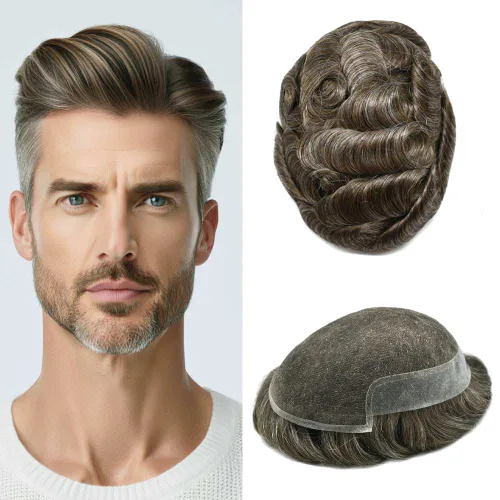 Vista 14 de Mens Toupee Remy Human Hair System For Men Bleached Knot Toupee Hair Piece For Men French Lace Toupee For Men Hairpiece 8X10#17 Dark Ash Blonde 90%