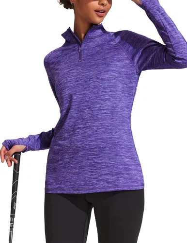 Vista 8 de ELESOL Camiseta de manga larga para mujer, con protección UPF 50+, para yoga, con agujero para pulgar, para entrenamiento, con cremallera de un
