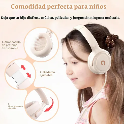 Vista 3 de ADOOPE - Auriculares para niños con cable, conector de 3,5 mm, control de volumen seguro de 85/94 dB, micrófono incorporado, auriculares para Beige