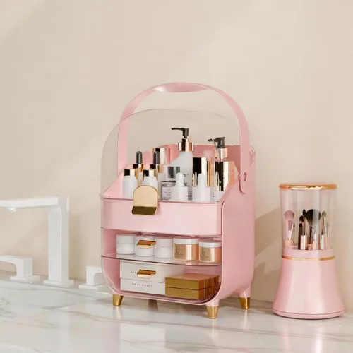 Vista 5 de Organizador de maquillaje para encimera con tapa y cajones, caja grande de exhibición de cosméticos para cuidado de la piel, soporte para escritorio