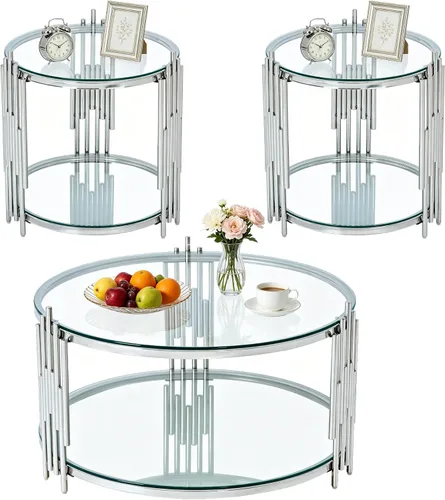 Vista 38 de Mesa auxiliar rectangular de vidrio de 48 pulgadas, mesa de centro de 2 niveles con parte superior de vidrio templado negro, patas de acero