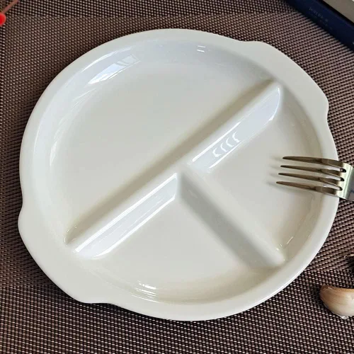 Vista 7 de Placa de comedor de 3 compartimentos de material de cerámica de 8 pulgadas Placas divididas blancas redondas, placa de control de Porton