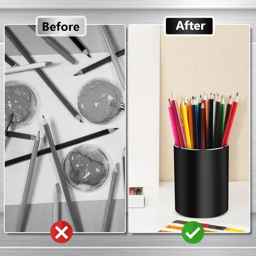 Vista 5 de RQB Soporte de metal para bolígrafo para escritorio, organizador de escritorio redondo de aluminio y soporte para brochas de maquillaje, caja
