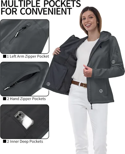 Vista 5 de Outdoor Ventures Chaqueta Softshell para mujer con capucha, forro polar, cálida, ligera, impermeable, aislada, cortavientos