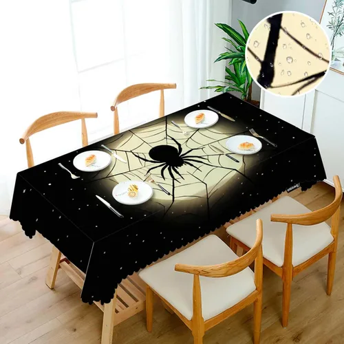 Vista 3 de Swono Mantel rectangular de Halloween de 52 x 70 pulgadas, diseño de araña negra de terror en telaraña, luna, resistente para mesas rectangulares