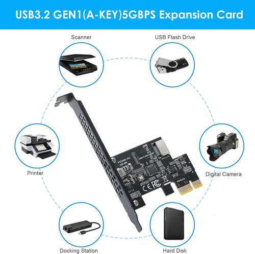Vista 5 de Tarjeta de expansión PCI-E 1X a USB 3.2 GEN1 5Gbps Type-E A-Key, interfaz de panel frontal Type-C para PC de escritorio (ASM1042A)