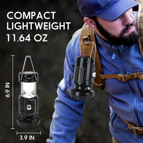 Vista 4 de Linterna Solar Portátil con Ventilador Recargable Actualizada 2025 - Linterna LED de Campamento Plegable y Liviana para Cortes de Energía, Linterna