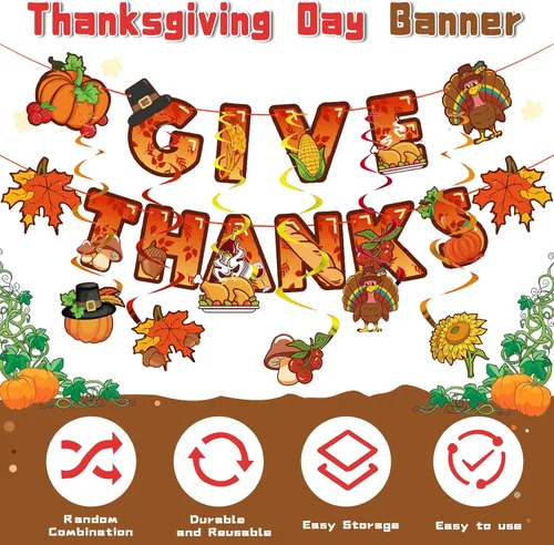 Vista 3 de El juego de decoraciones de fiesta de Acción de Gracias incluye pancarta de agradecimiento, globos de calabaza y pavo de hoja de arce, remolinos