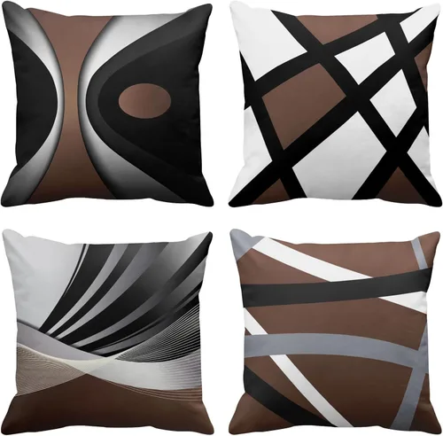 Vista 11 de Emvency Juego de 4 fundas de almohada negras modernas abstractas de rayas grises grises grises y blancas de acrílico llamativo, fundas de almohada
