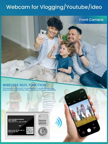 Vista 3 de Cámara digital, cámara 4K para niños, zoom 16X, cámara digital de apuntar y disparar con tarjeta de 32 GB, cámara pequeña portátil con enfoque