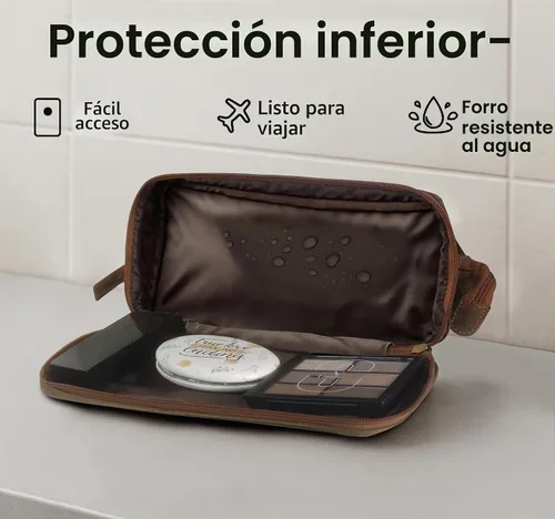 Vista 5 de Neceser de cuero para hombre - Kit Dopp para viajes, afeitado, viajes nocturnos, Marrón, M