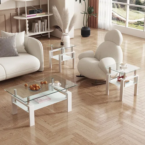 Vista 2 de Juego de 3 mesas auxiliares de cristal para sala de estar, mesa auxiliar de sofá con almacenamiento, patas de metal negro, mesa central rectangular