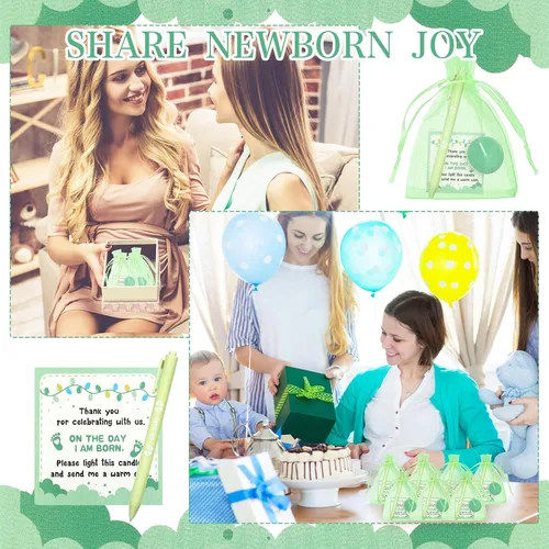 Vista 4 de Ctosree 50 Sets Baby Shower Favors for Guests Include 50 Pcs Tea Light Candle Bulk Thank Tag and Chiffon Bag with Drawstring Retractable Ballpoint