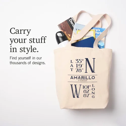 Vista 7 de Lantern Press Amarillo, Texas, Latitude and Longitude (Blue) (100% Cotton Canvas Reusable Tote Bag)