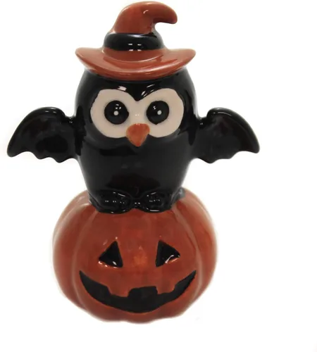 Vista 3 de Juego de salero y pimentero de cerámica fina para Acción de Gracias, Halloween, gato negro y búho en calabaza, 3-3/4 pulgadas de alto