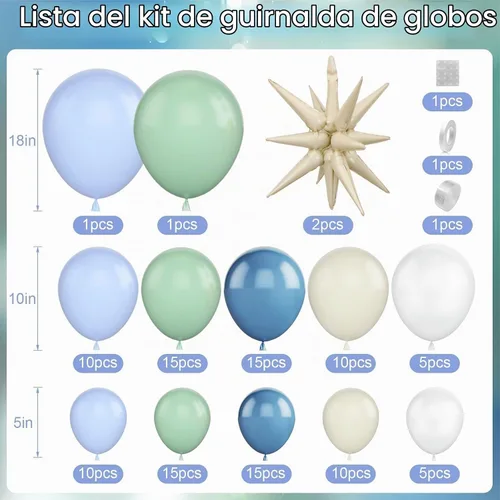 Vista 2 de Kit de guirnalda de arco de globos bajo el mar con globos de papel de aluminio de estrella azul polvoriento, verde pastel, arena y blanco