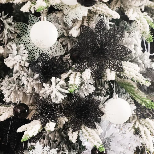Vista 4 de Wironlst 24 piezas de flores de pascua con purpurina para árbol de Navidad, arbustos de nochebuena brillantes, decoraciones de Navidad para Navidad