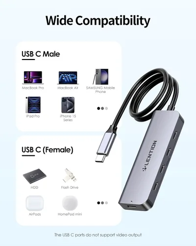 Vista 8 de LENTION Hub USB C de 4 puertos con cable largo de 2 pies, adaptador multipuerto USB C Hub 4 x tipo C 3.2 10Gbps, divisor USBC de carga PD de 100 W